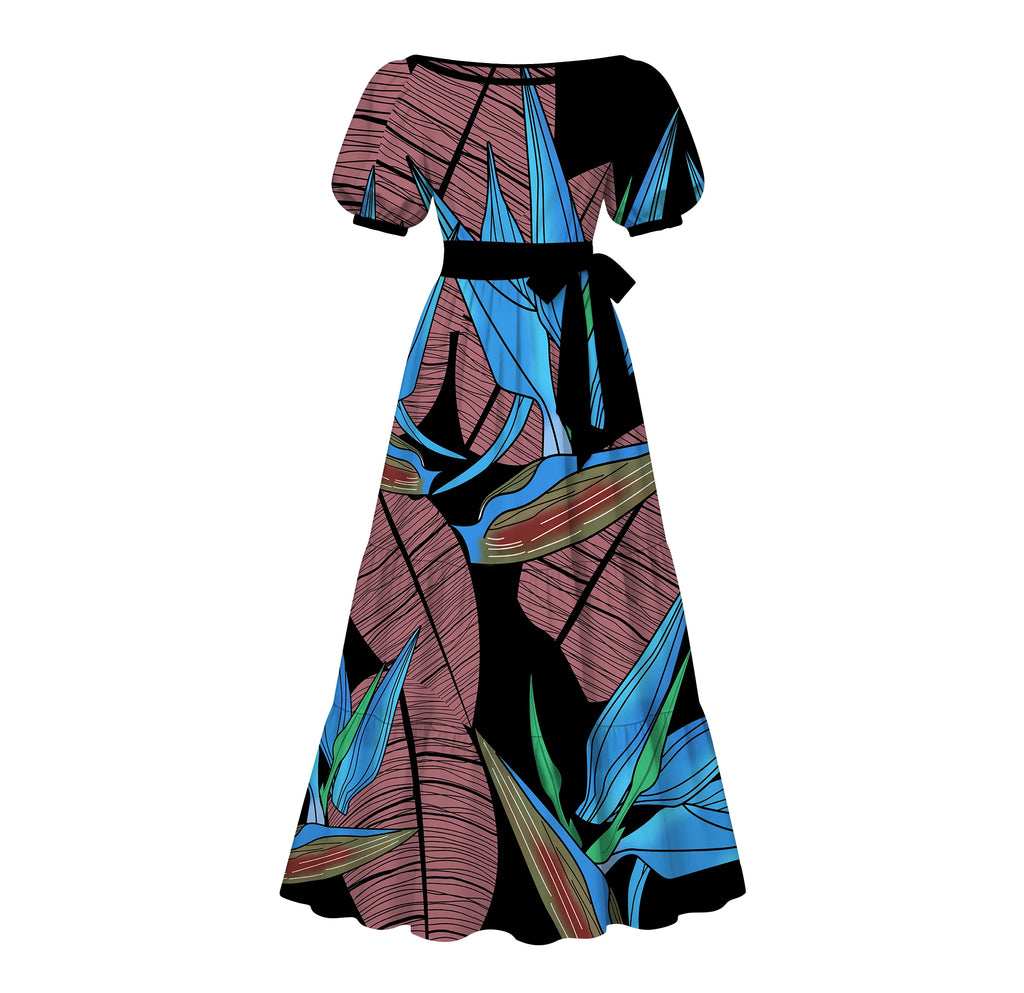 Made to Order Tonga Polynesian Hibiscus Tribal Motif Puff Sleeve Tiered Maxi Dress square Neck Ladies Island Daily Apparel