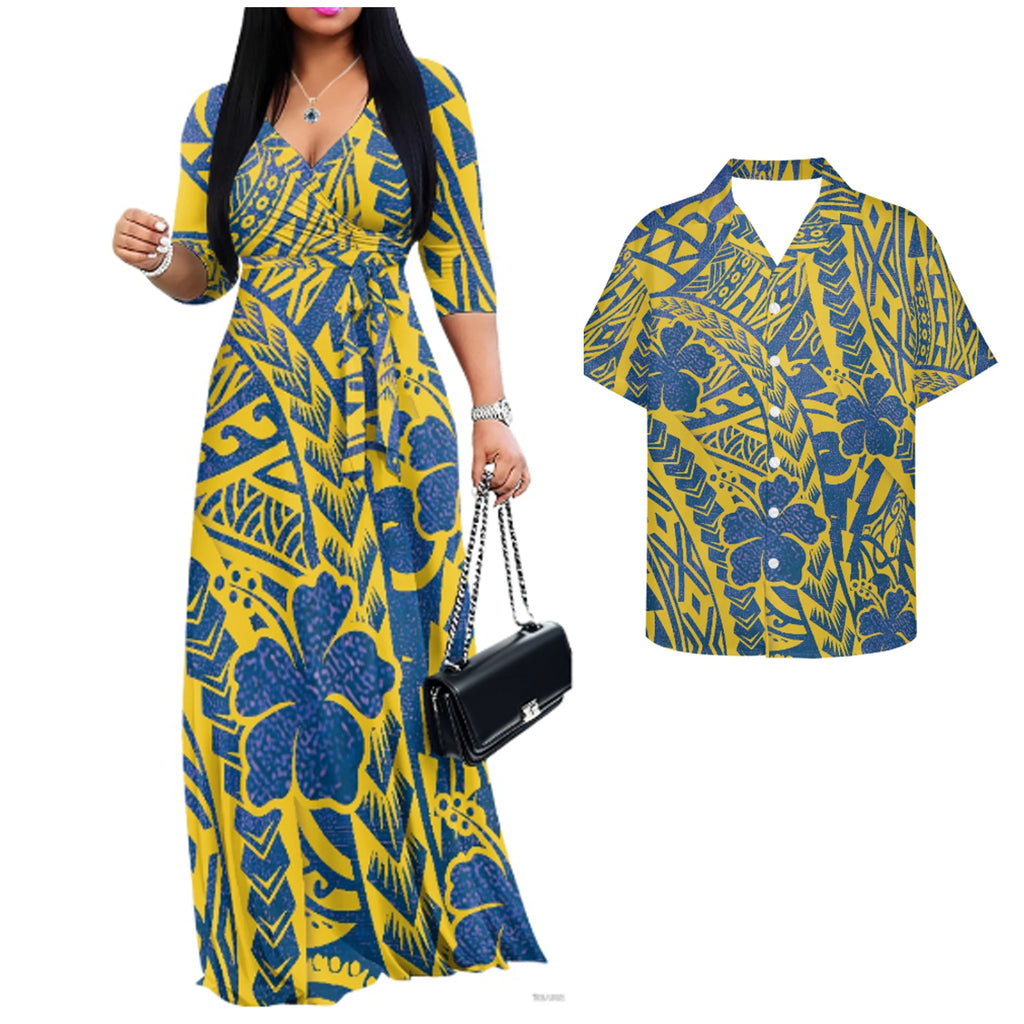 Vintage Couples Matchable Outfits His and Hers Matching Set Women Casual Long Maxi Dress with Pockets Men Hawaiian Design Shirts