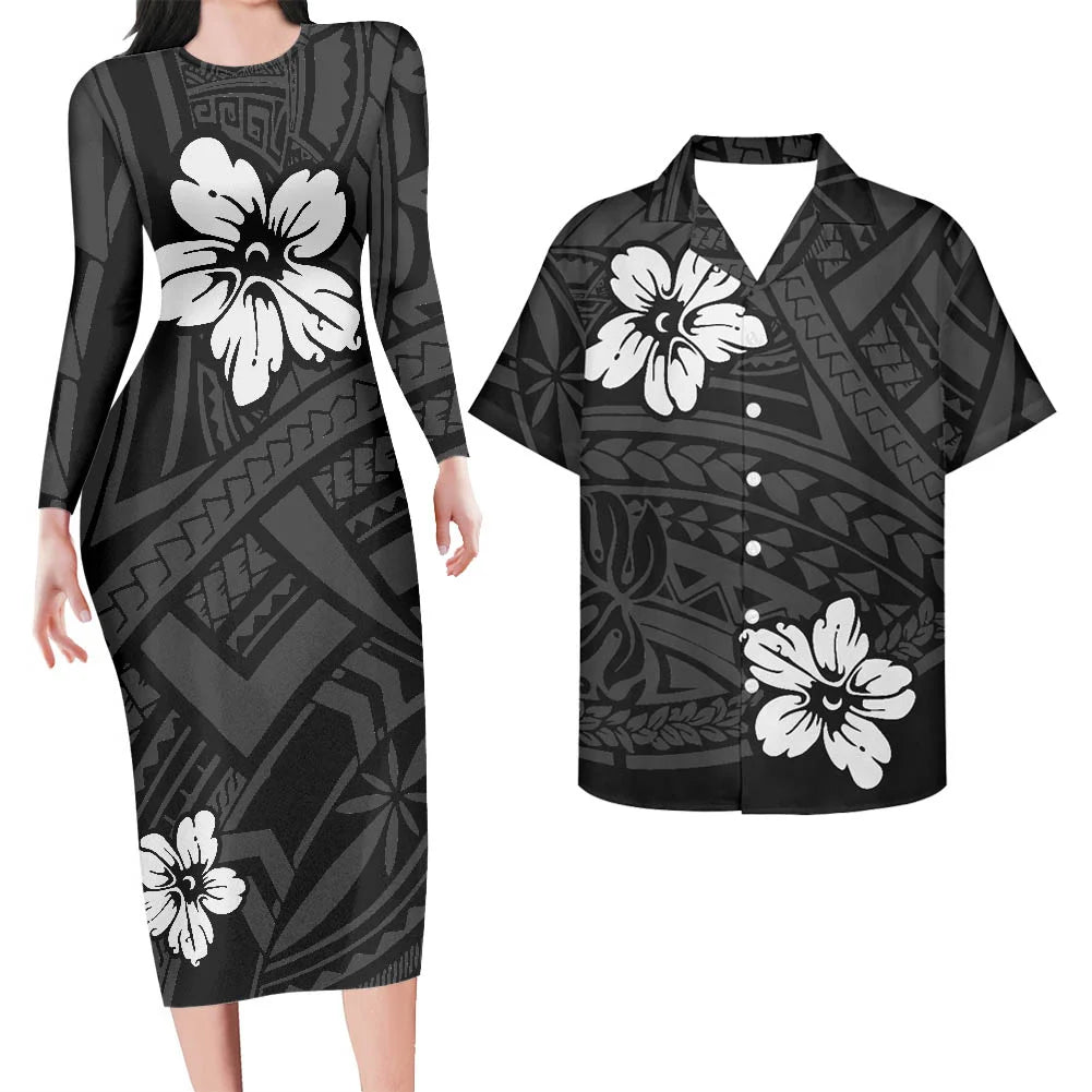 Valentine's Days Couple Clothing Set Plus Size Women's Dresses Matching Men Shirts Pacific Island Pattern Women Elegant Dresses