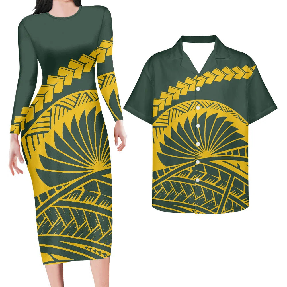 Valentine's Days Couple Clothing Set Plus Size Women's Dresses Matching Men Shirts Pacific Island Pattern Women Elegant Dresses