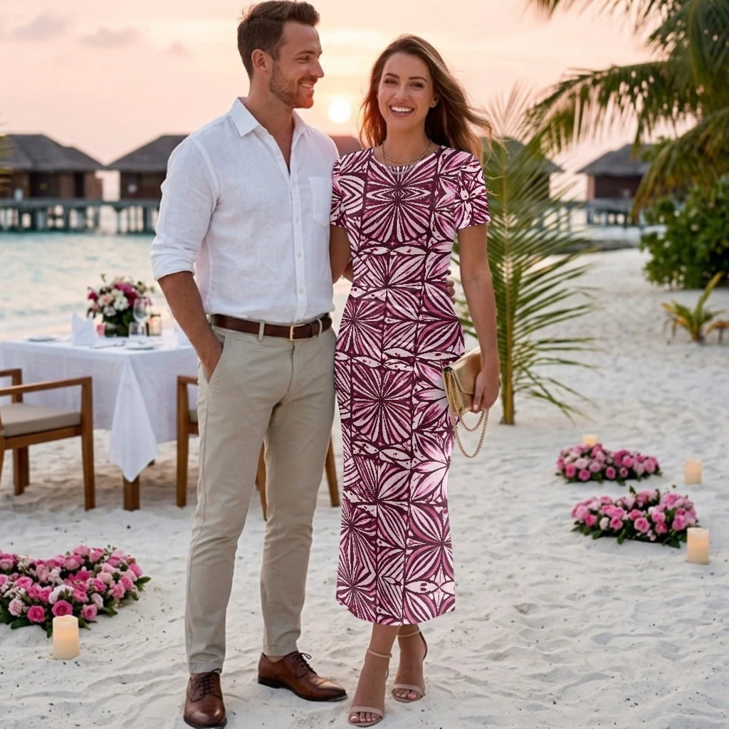 Fashion Trendy Polynesian Samoan Tattoo Tapa Design Plus Size Women Long Party Dress Round Neck Short Sleeved Elegant Slim Dress