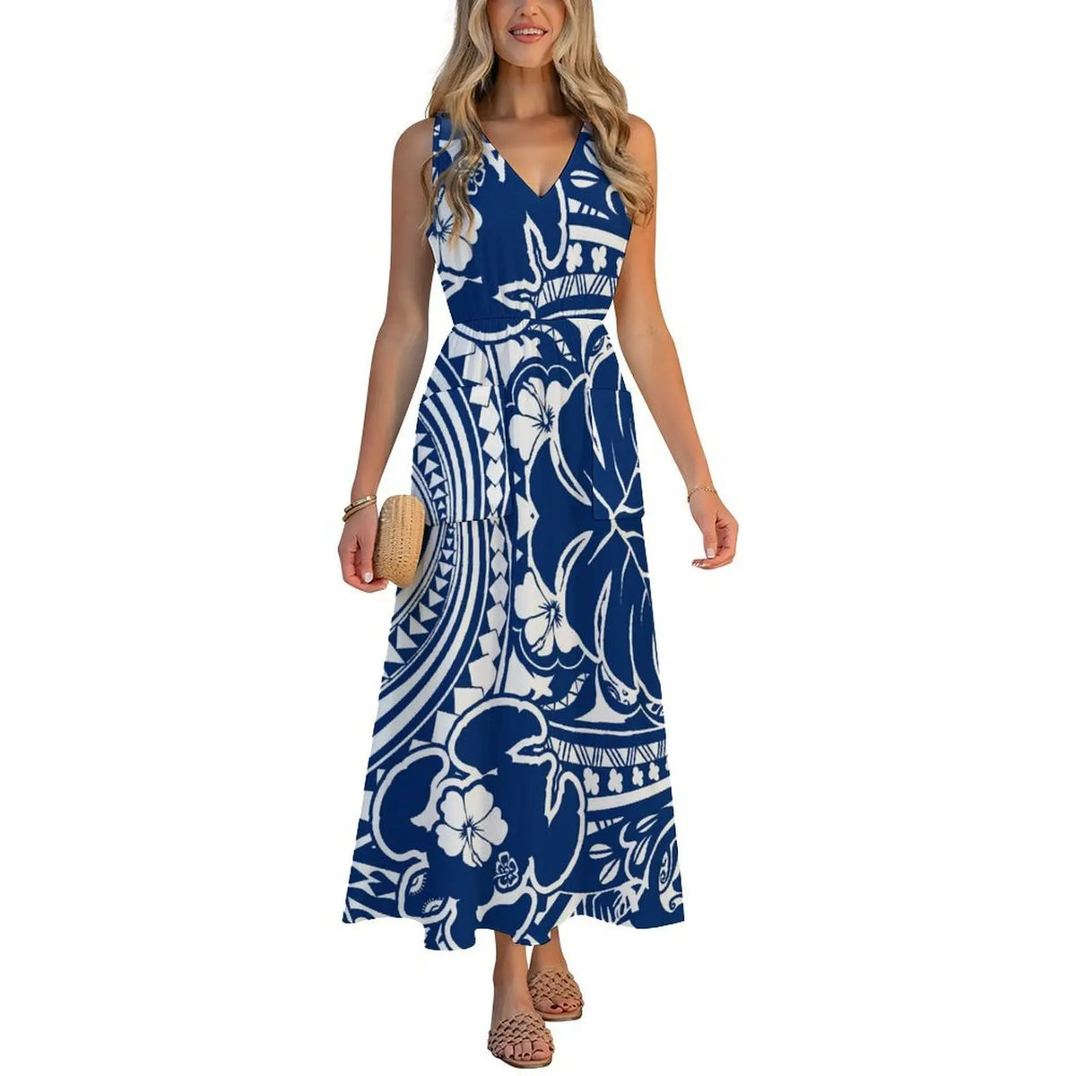 Factory Wholesale Price Custom Sleeveless Design Ladies Dresses Pacific Island Design V-neck Vest I-pocket Dress Womens Dress