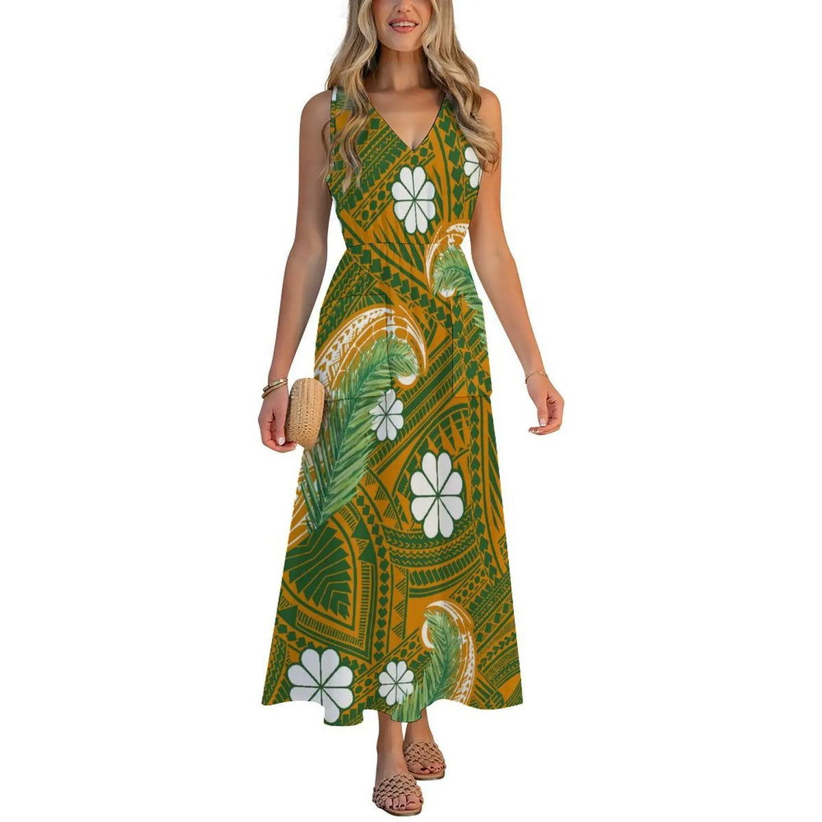 Factory Wholesale Price Custom Sleeveless Design Ladies Dresses Pacific Island Design V-neck Vest I-pocket Dress Womens Dress