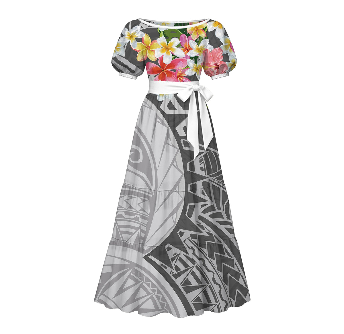 Factory Custom Split Teal White Red Polynesian Tribal Print Maxi Dress Women Boat Neck Puff Short Sleeve Pacific Island Dress