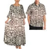 Pink Tribal Floral Matching Couple Outfit Ladies Flare Sleeve Long Dress Men Aloha Shirt Tropical Beach Vacation Matching Set