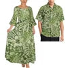 Pink Tribal Floral Matching Couple Outfit Ladies Flare Sleeve Long Dress Men Aloha Shirt Tropical Beach Vacation Matching Set