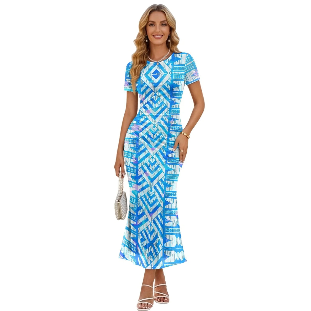 Fashion Trendy Polynesian Samoan Tattoo Tapa Design Plus Size Women Long Party Dress Round Neck Short Sleeved Elegant Slim Dress