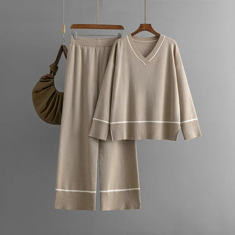 Women's Two-Piece Set V-Neck Pullover Sweater Loose Knitted Pants Solid Casual for Autumn Fashionable Ropa De Mujer Roupas