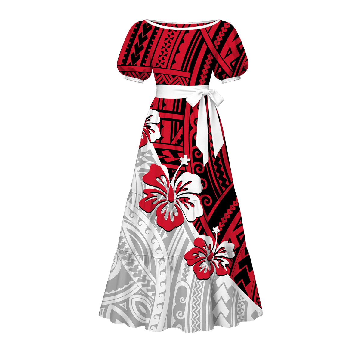 Factory Custom Split Teal White Red Polynesian Tribal Print Maxi Dress Women Boat Neck Puff Short Sleeve Pacific Island Dress