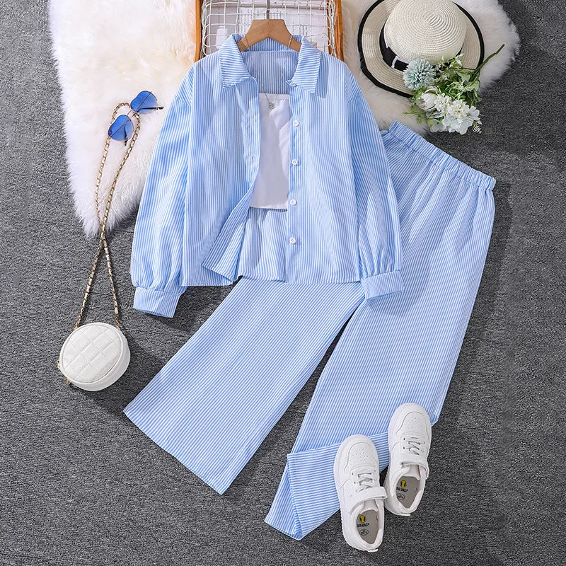 Medium and Large Children's Clothing Spring Children's Clothing New Arrival Striped Long Sleeve Shirt Top Trousers Girls Suit