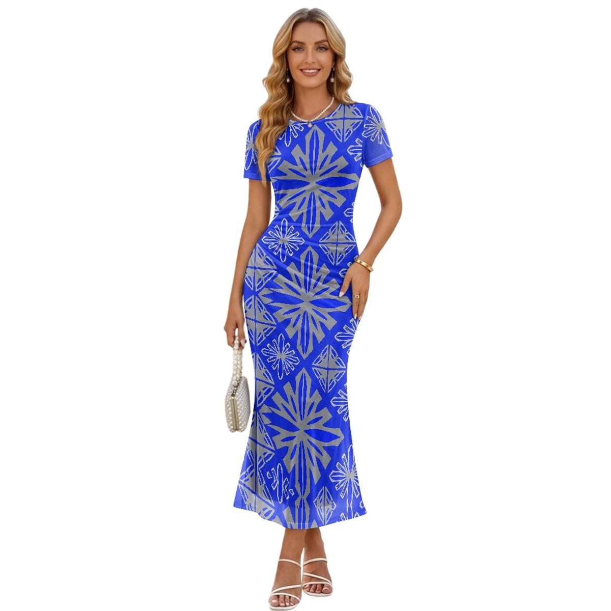 Fashion Trendy Polynesian Samoan Tattoo Tapa Design Plus Size Women Long Party Dress Round Neck Short Sleeved Elegant Slim Dress