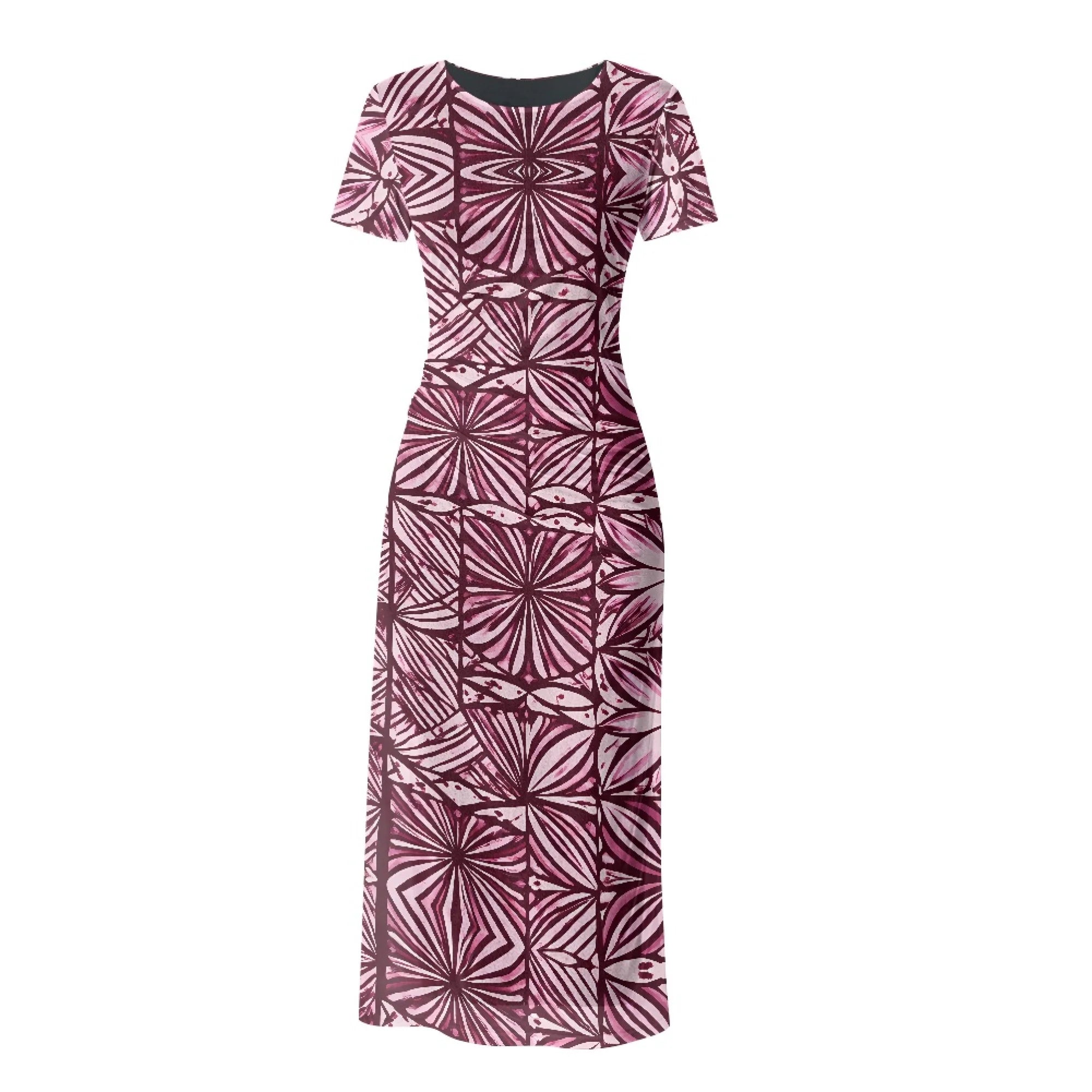 Fashion Trendy Polynesian Samoan Tattoo Tapa Design Plus Size Women Long Party Dress Round Neck Short Sleeved Elegant Slim Dress