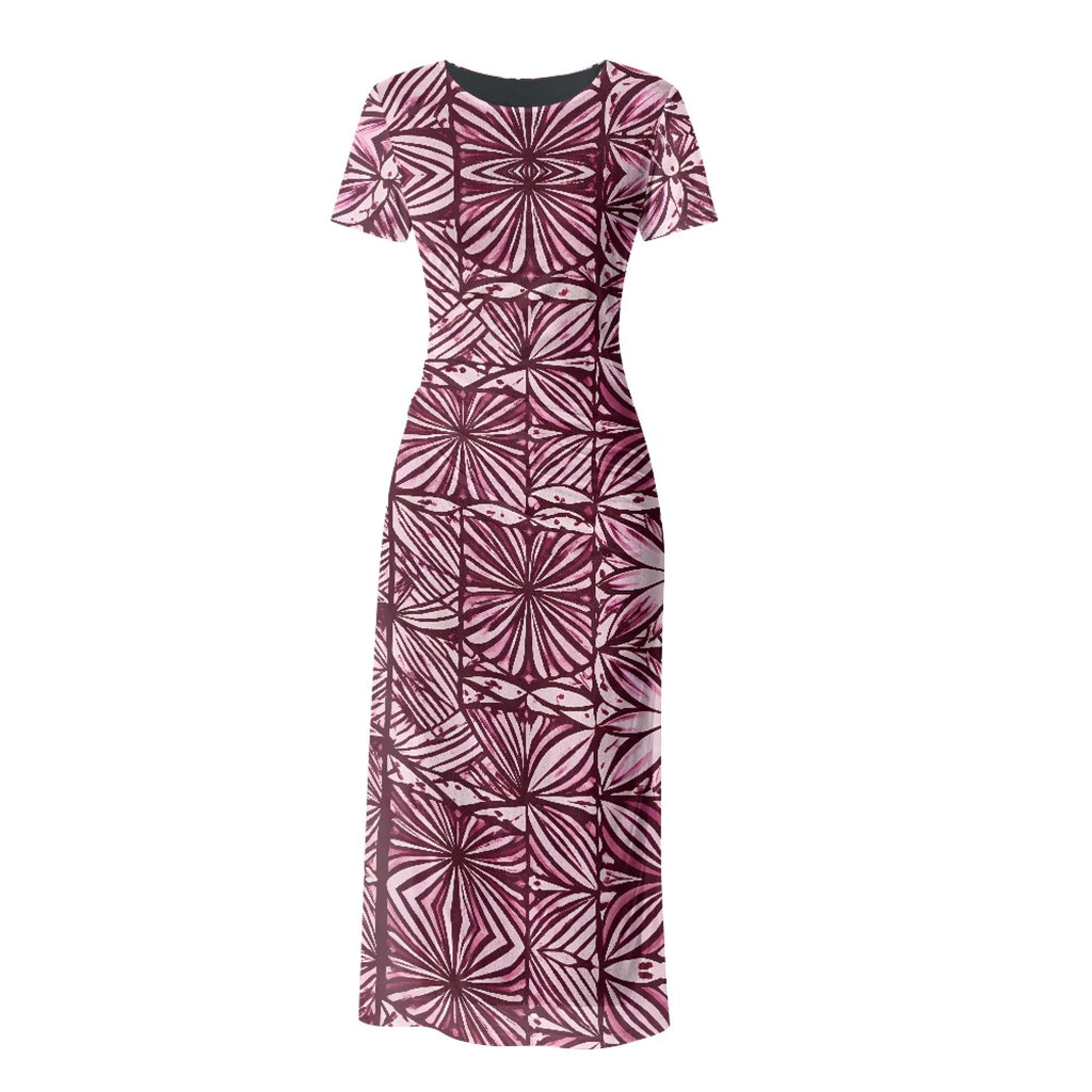 Fashion Trendy Polynesian Samoan Tattoo Tapa Design Plus Size Women Long Party Dress Round Neck Short Sleeved Elegant Slim Dress