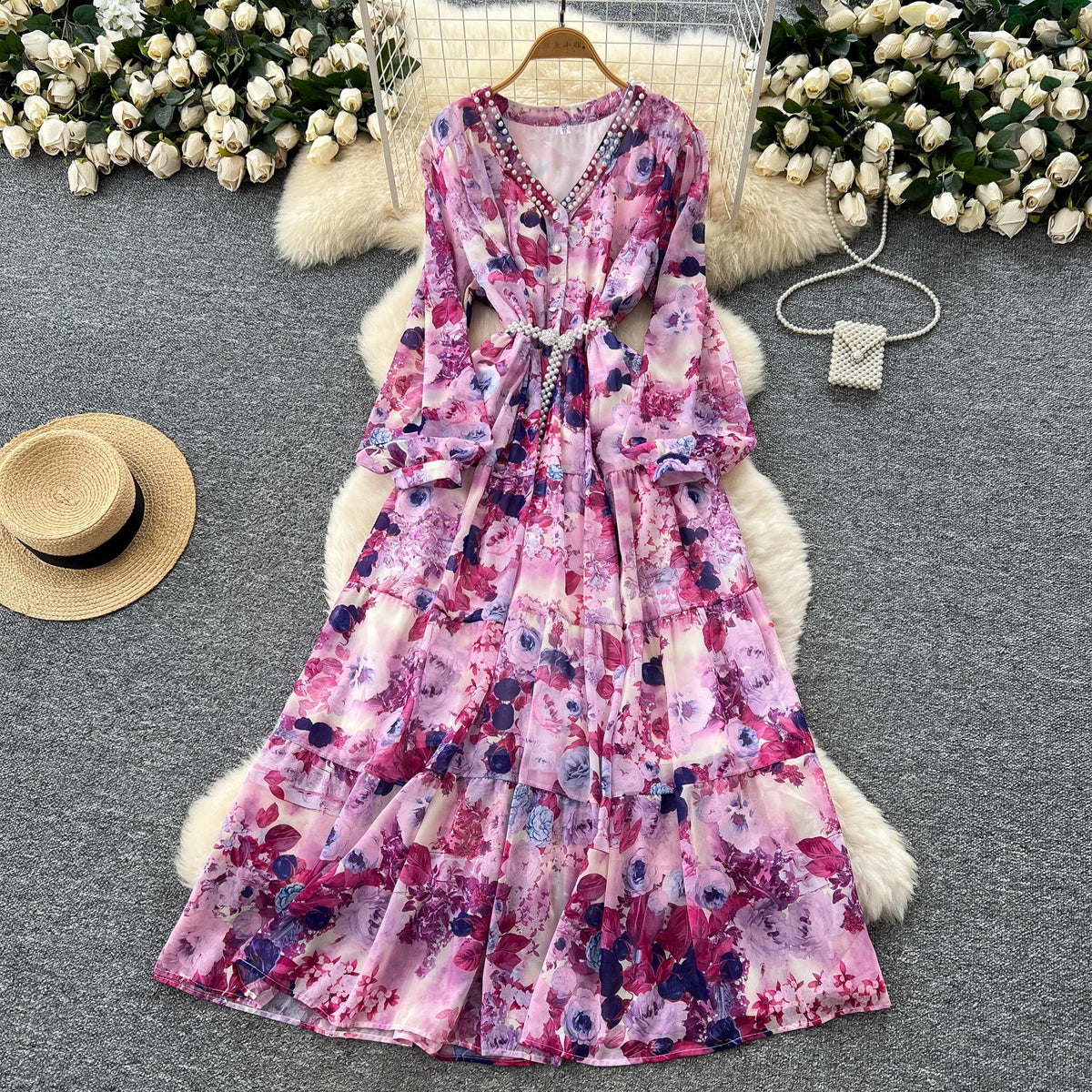 Boho V-Neck Lantern Sleeve Midi Dress