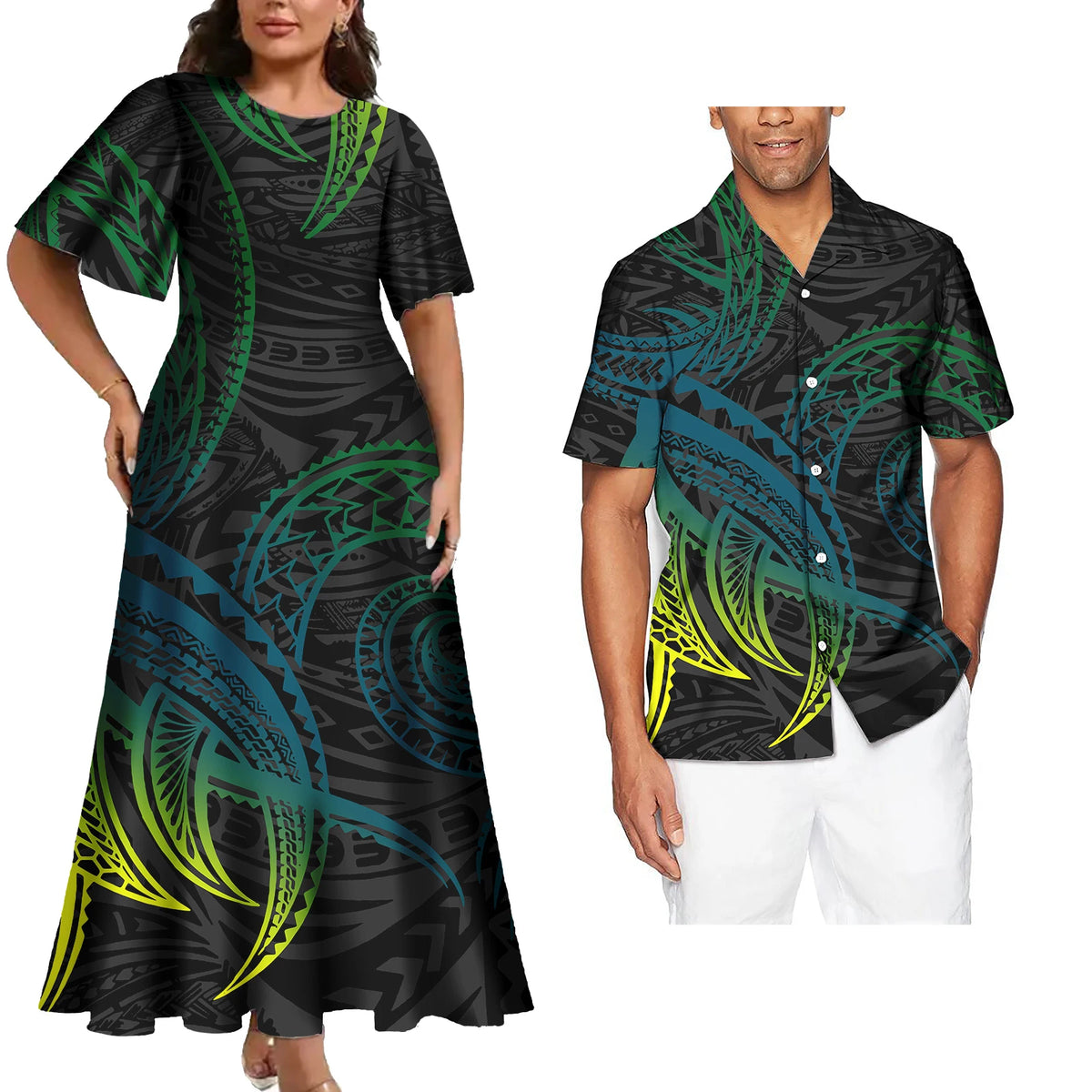 Hot Sales Polynesian Samoan Tribal Custom Design Women's Big Size Dress Match Men Shirts 2 Pcs Tattoo Sets of Couple