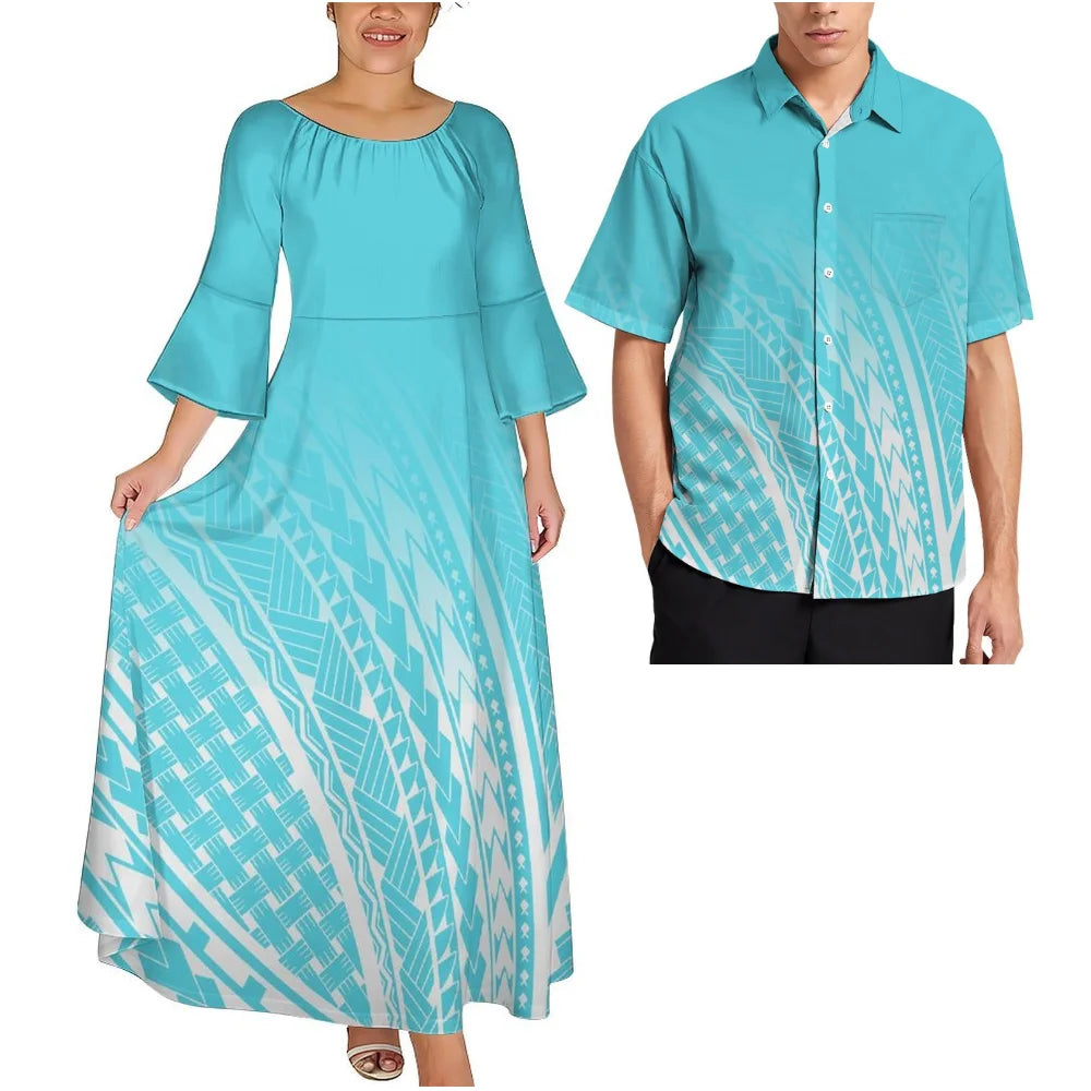 Pink Tribal Floral Matching Couple Outfit Ladies Flare Sleeve Long Dress Men Aloha Shirt Tropical Beach Vacation Matching Set