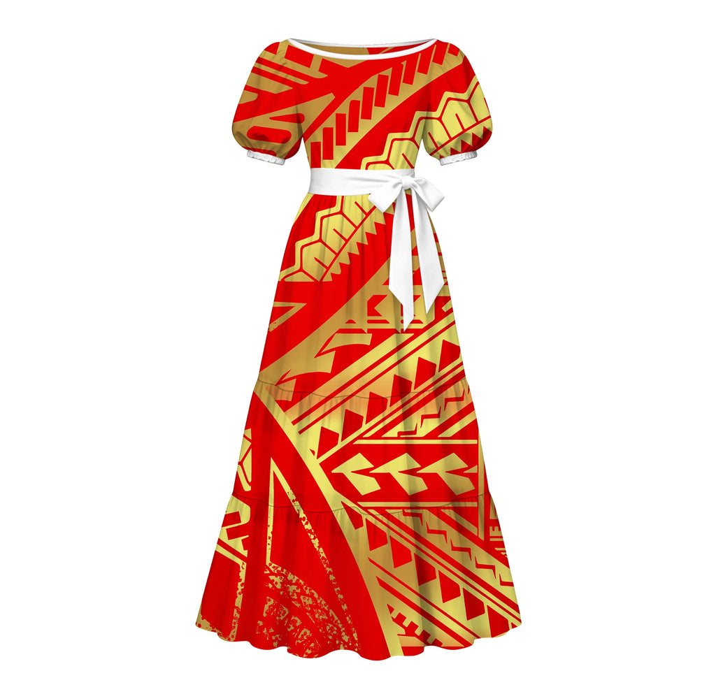 Factory Custom Split Teal White Red Polynesian Tribal Print Maxi Dress Women Boat Neck Puff Short Sleeve Pacific Island Dress