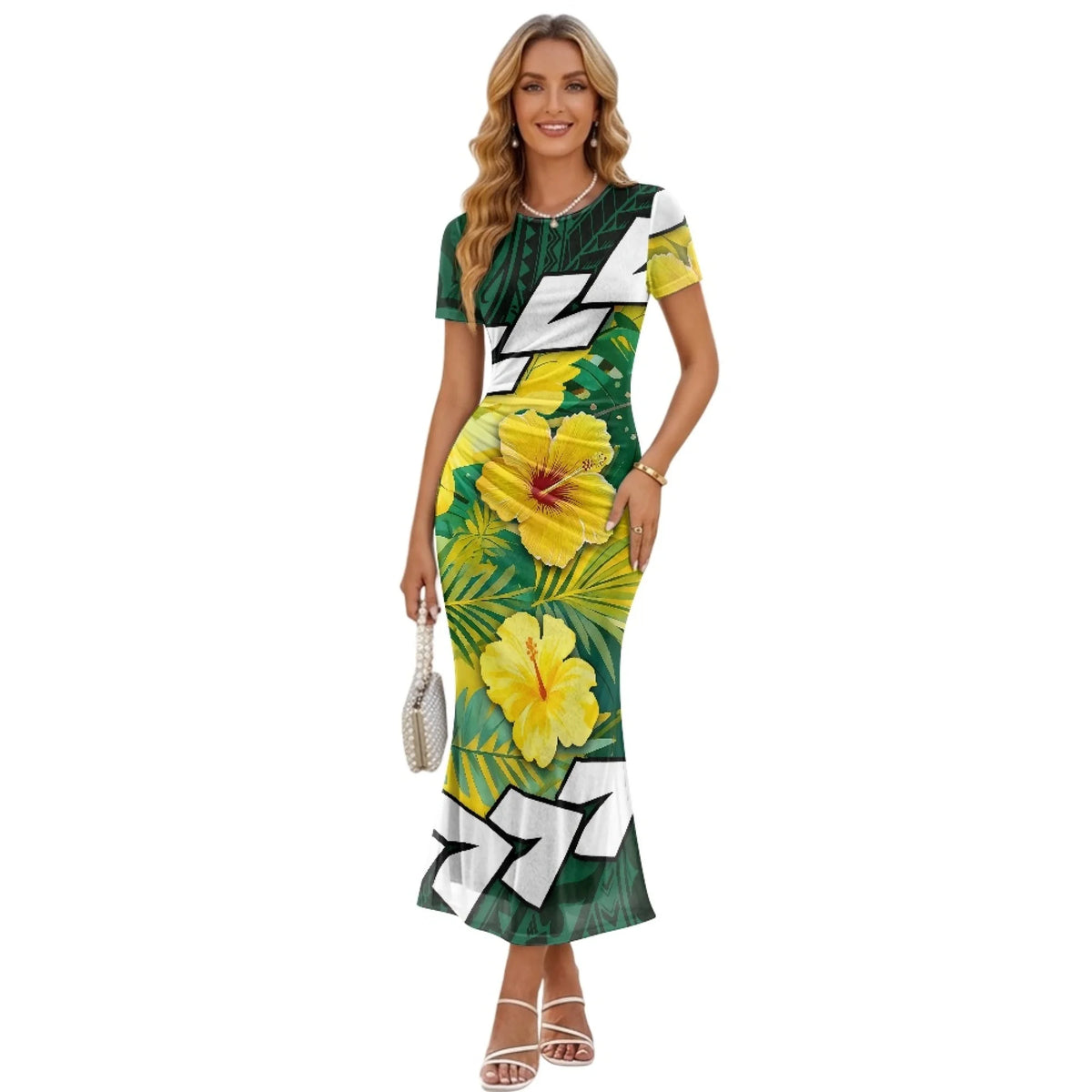 Fashion Trendy Polynesian Samoan Tattoo Tapa Design Plus Size Women Long Party Dress Round Neck Short Sleeved Elegant Slim Dress