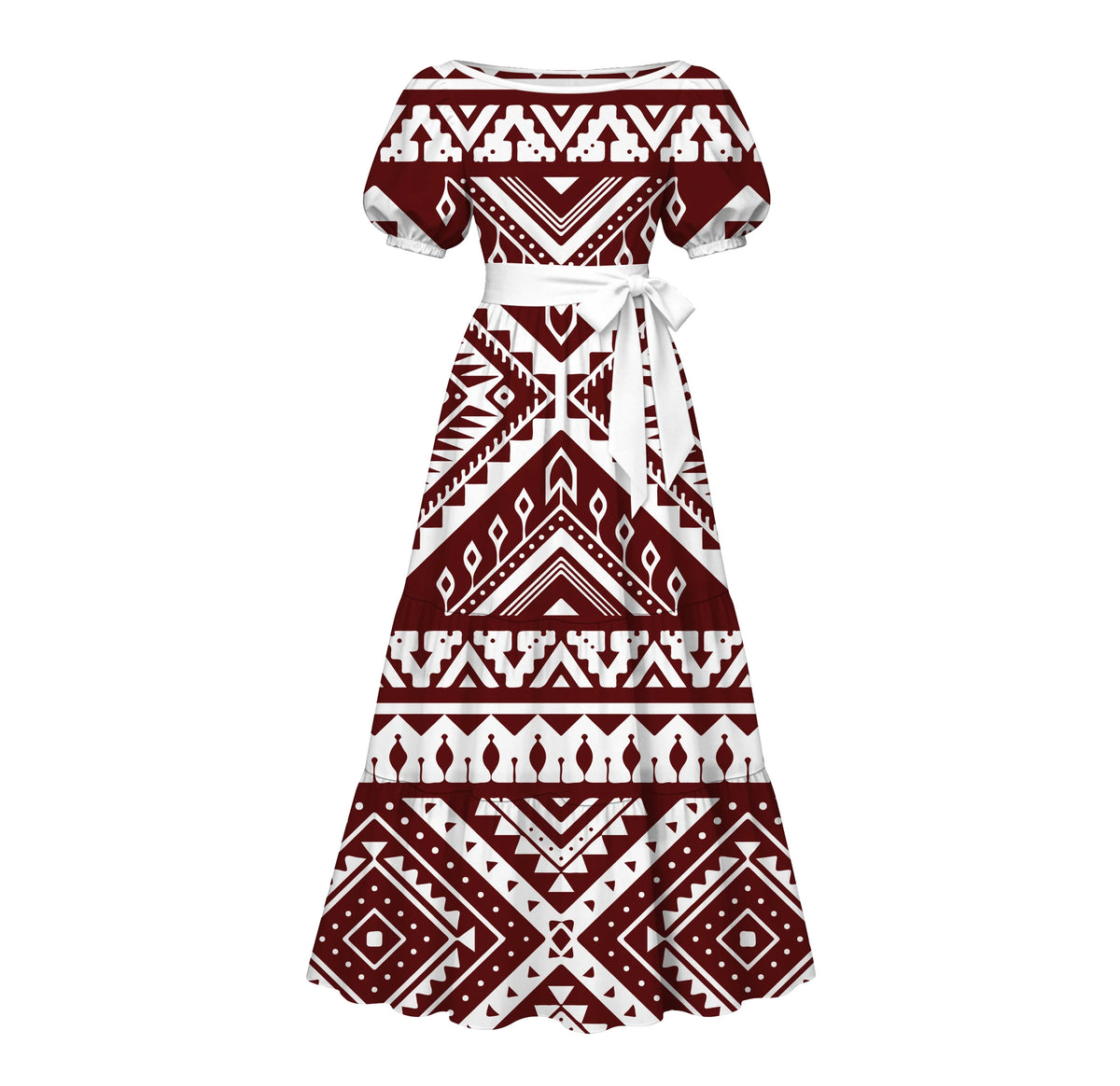 Factory Custom Split Teal White Red Polynesian Tribal Print Maxi Dress Women Boat Neck Puff Short Sleeve Pacific Island Dress