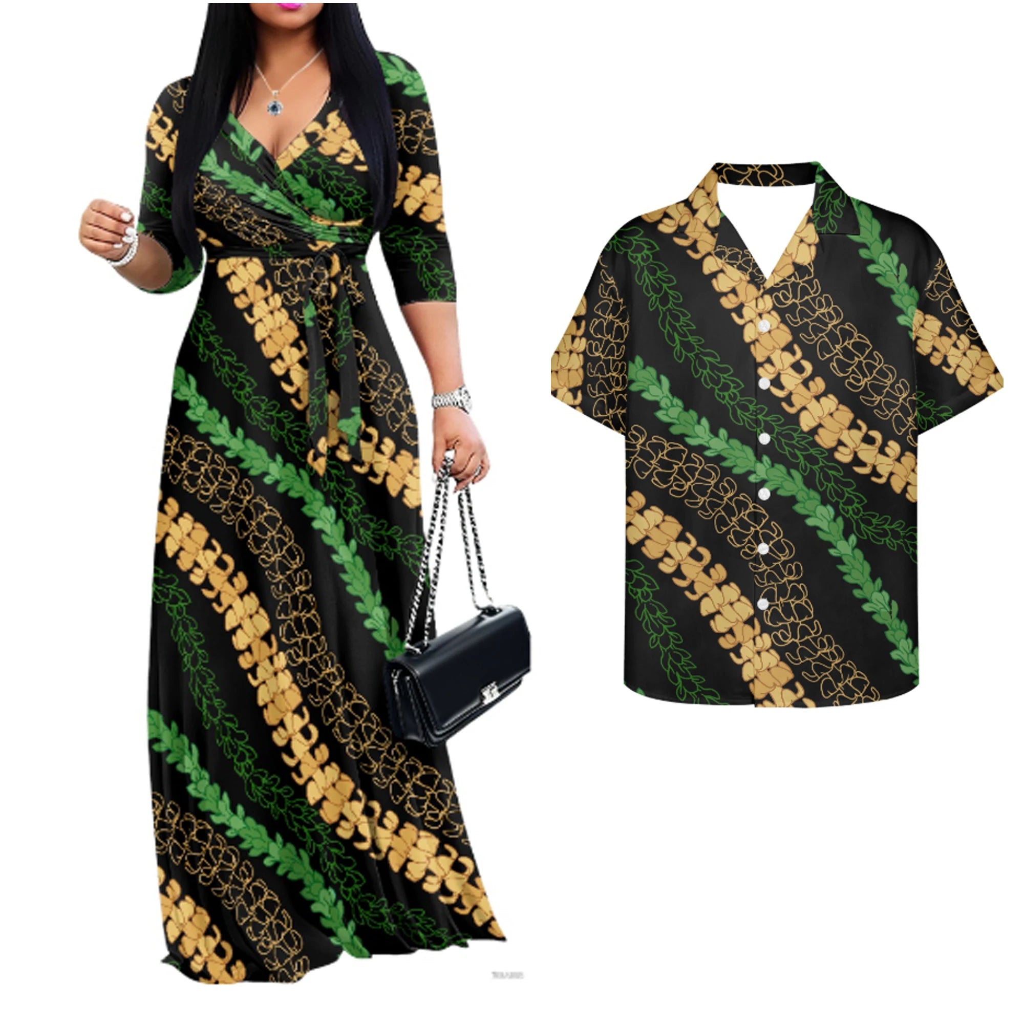 Vintage Couples Matchable Outfits His and Hers Matching Set Women Casual Long Maxi Dress with Pockets Men Hawaiian Design Shirts