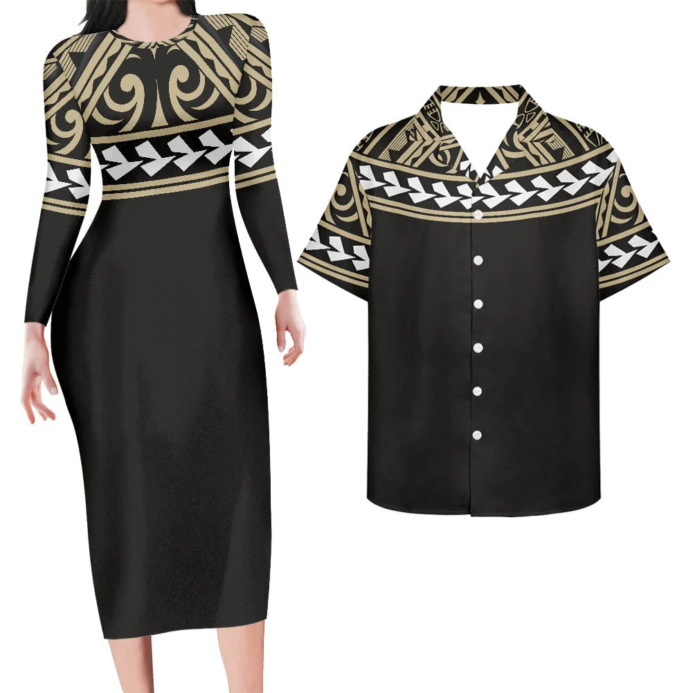 Valentine's Days Couple Clothing Set Plus Size Women's Dresses Matching Men Shirts Pacific Island Pattern Women Elegant Dresses