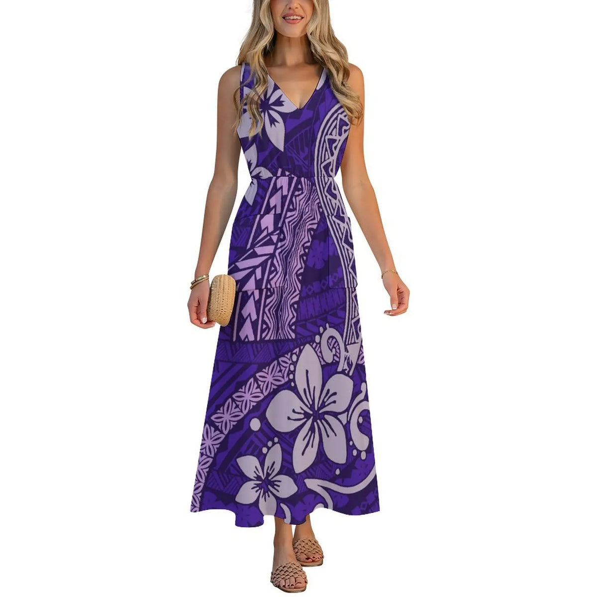 Factory Wholesale Price Custom Sleeveless Design Ladies Dresses Pacific Island Design V-neck Vest I-pocket Dress Womens Dress
