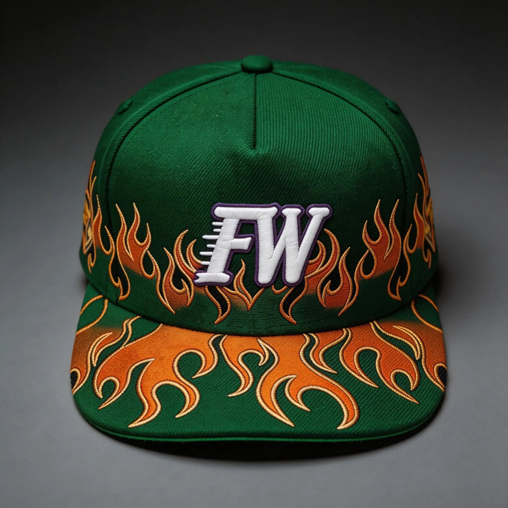 High Quality 5 Panel Snapback Hat Custom Logo Flame Embroidery Baseball Cap
