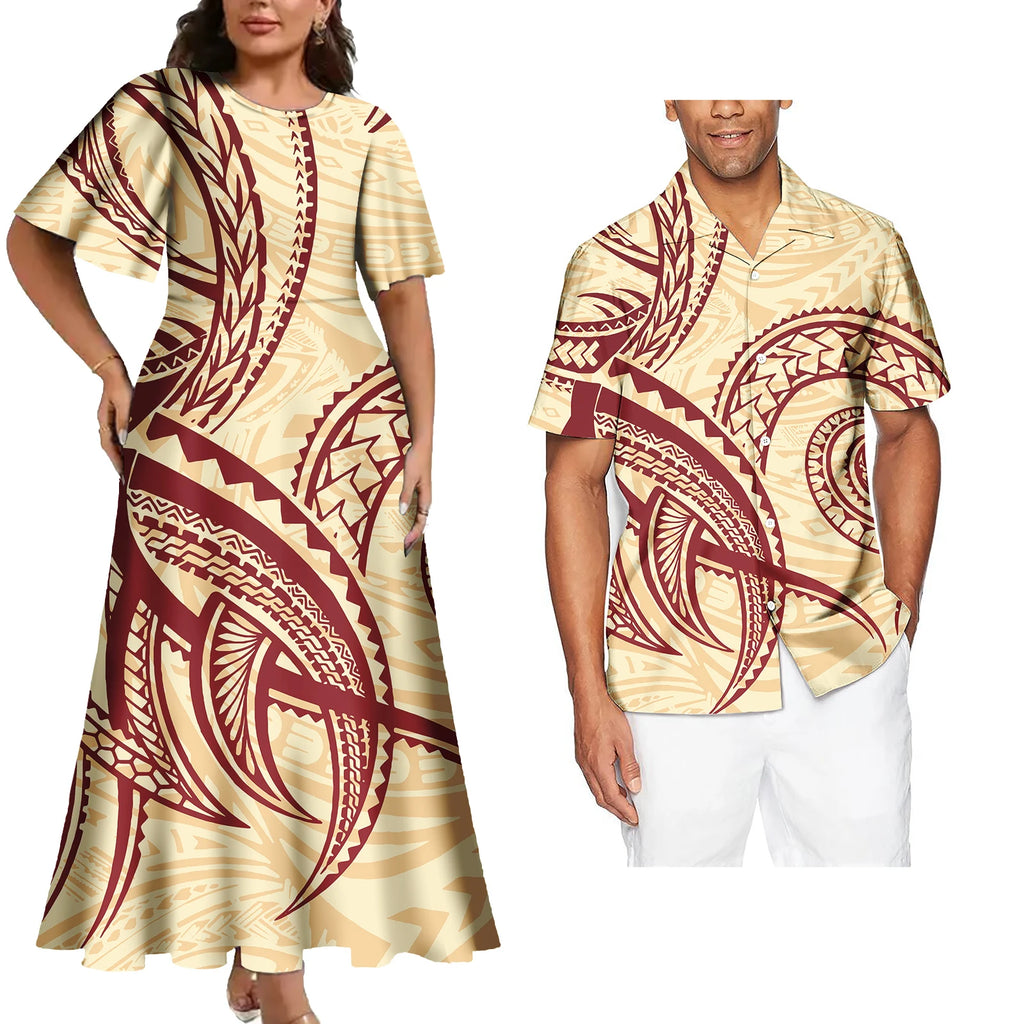 Hot Sales Polynesian Samoan Tribal Custom Design Women's Big Size Dress Match Men Shirts 2 Pcs Tattoo Sets of Couple