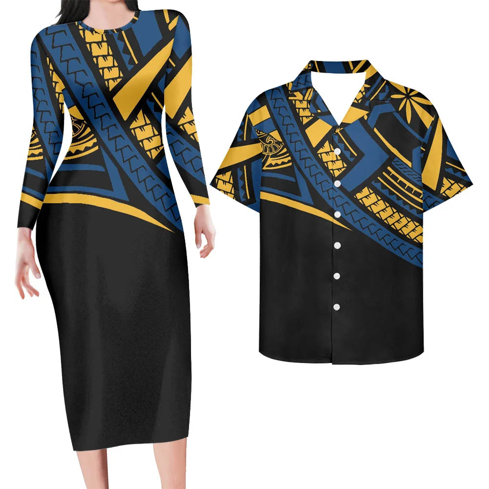 Valentine's Days Couple Clothing Set Plus Size Women's Dresses Matching Men Shirts Pacific Island Pattern Women Elegant Dresses