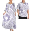 Pink Tribal Floral Matching Couple Outfit Ladies Flare Sleeve Long Dress Men Aloha Shirt Tropical Beach Vacation Matching Set