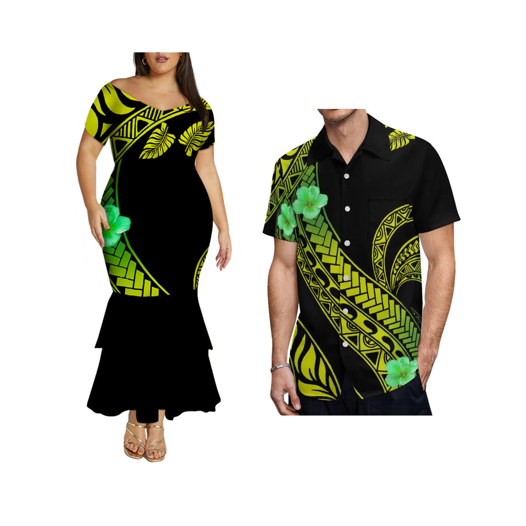 Dropshipping Design Hawaii Print Plus Size Women Mermaid Long Dress Custom Match Summer Aloha Men Shirt Couple Clothing 2 Pieces