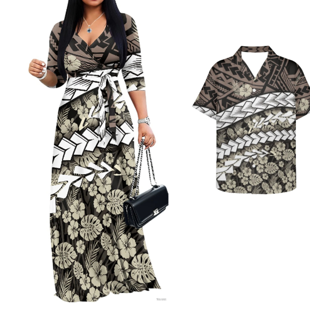 Vintage Couples Matchable Outfits His and Hers Matching Set Women Casual Long Maxi Dress with Pockets Men Hawaiian Design Shirts