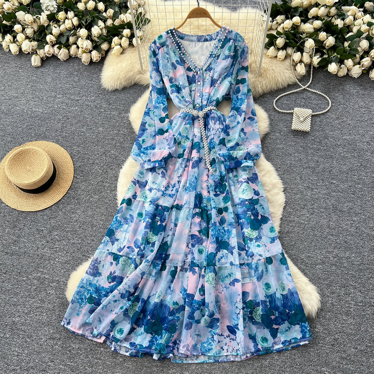 Boho V-Neck Lantern Sleeve Midi Dress
