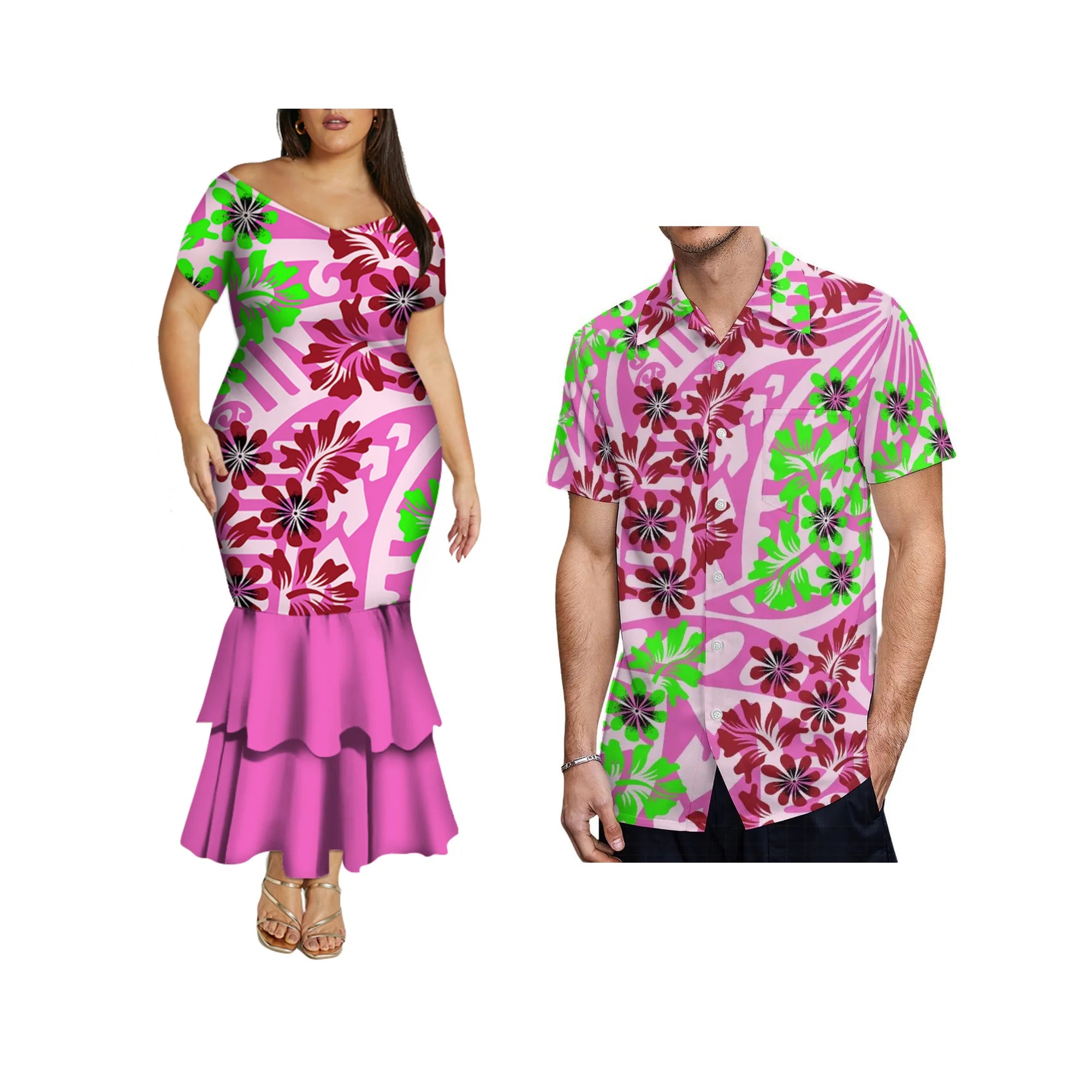 Dropshipping Design Hawaii Print Plus Size Women Mermaid Long Dress Custom Match Summer Aloha Men Shirt Couple Clothing 2 Pieces