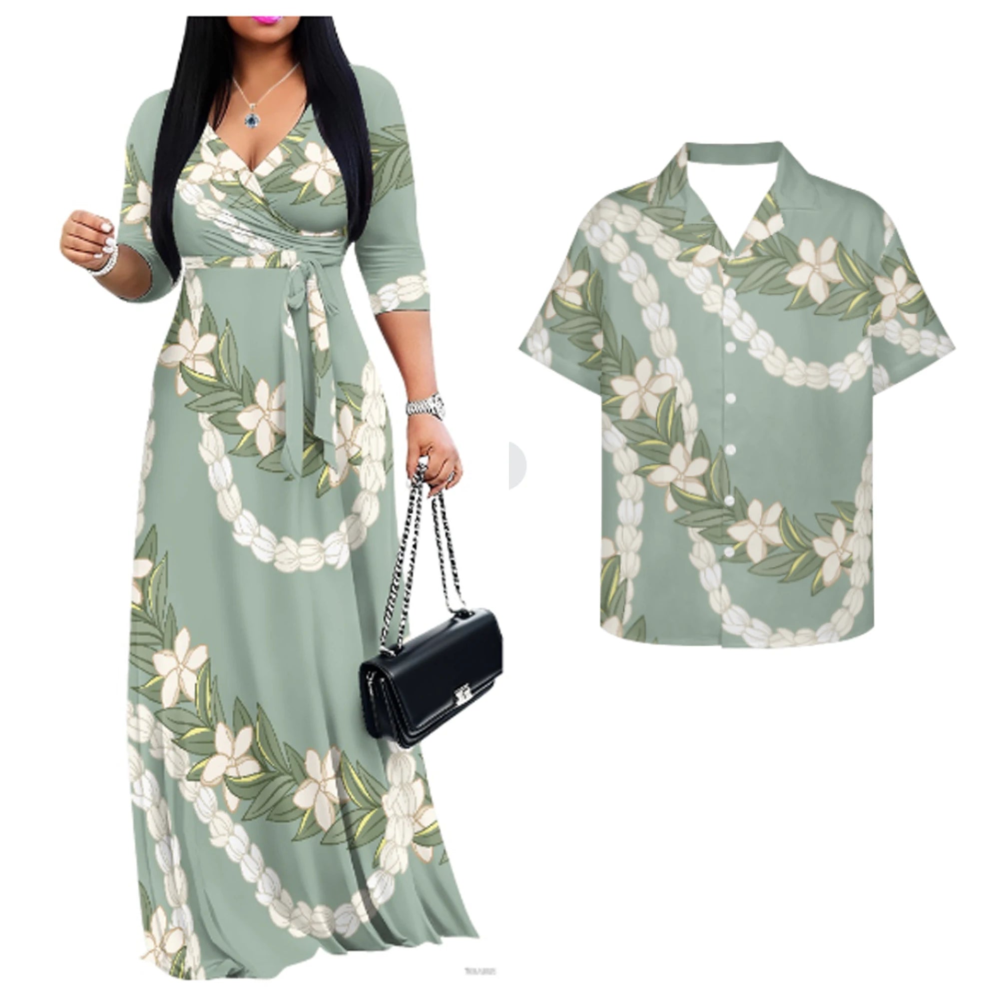 Vintage Couples Matchable Outfits His and Hers Matching Set Women Casual Long Maxi Dress with Pockets Men Hawaiian Design Shirts