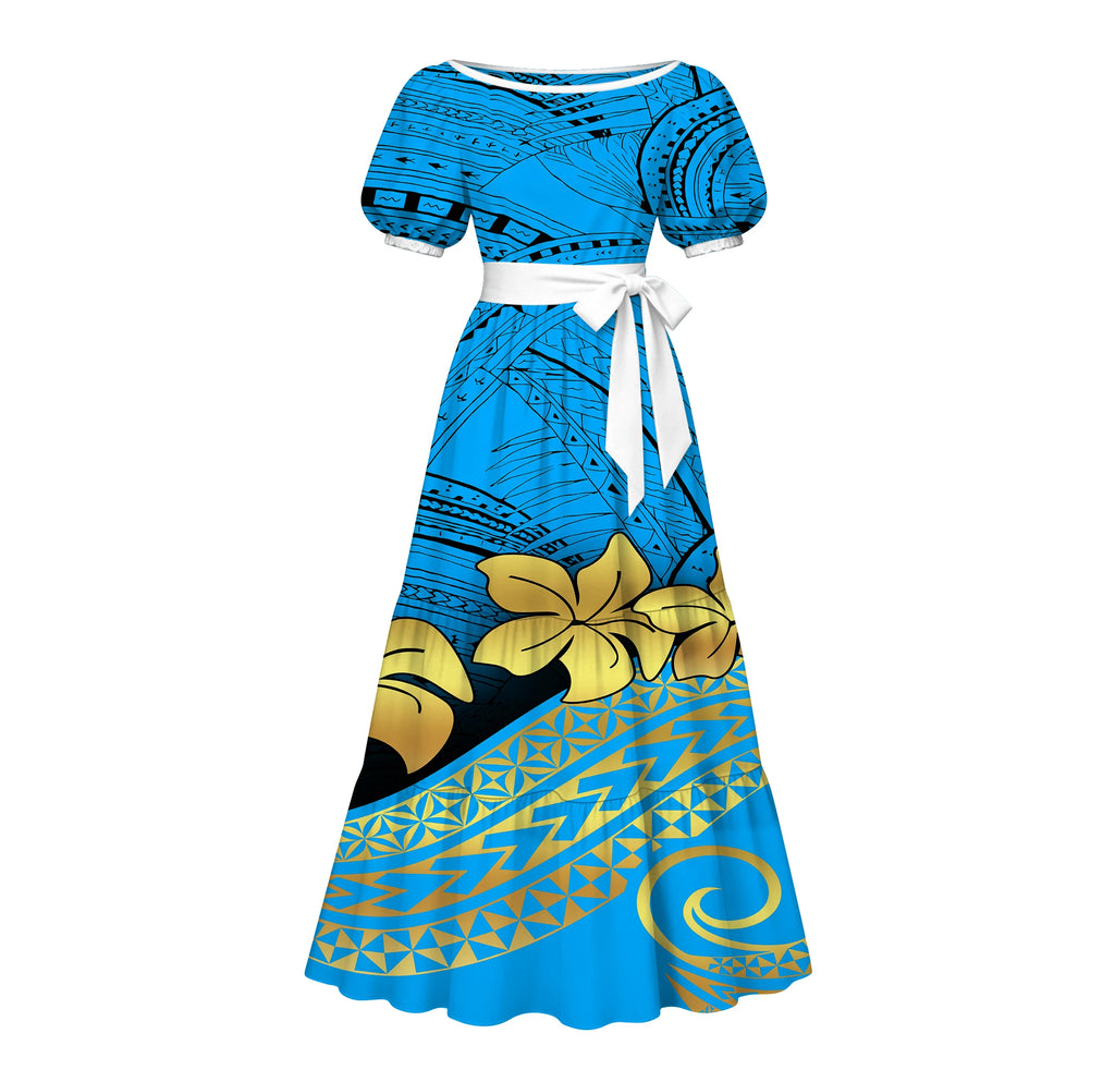 Factory Custom Split Teal White Red Polynesian Tribal Print Maxi Dress Women Boat Neck Puff Short Sleeve Pacific Island Dress