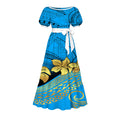 Factory Custom Split Teal White Red Polynesian Tribal Print Maxi Dress Women Boat Neck Puff Short Sleeve Pacific Island Dress