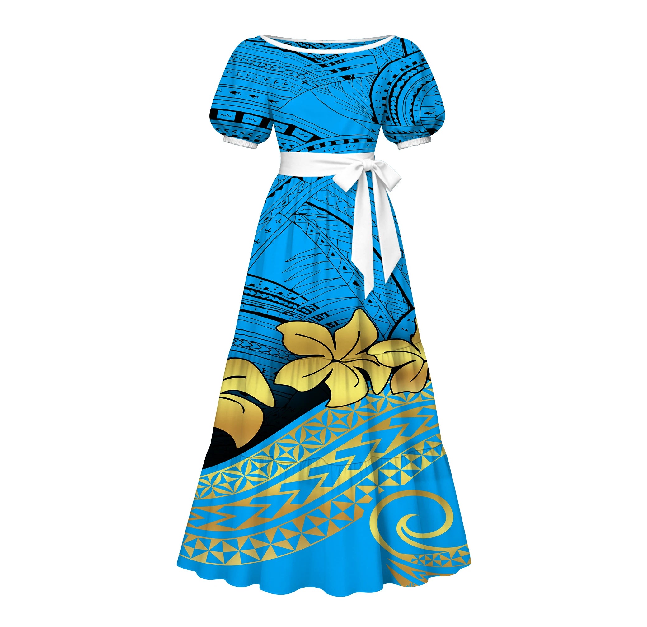 Factory Custom Split Teal White Red Polynesian Tribal Print Maxi Dress Women Boat Neck Puff Short Sleeve Pacific Island Dress