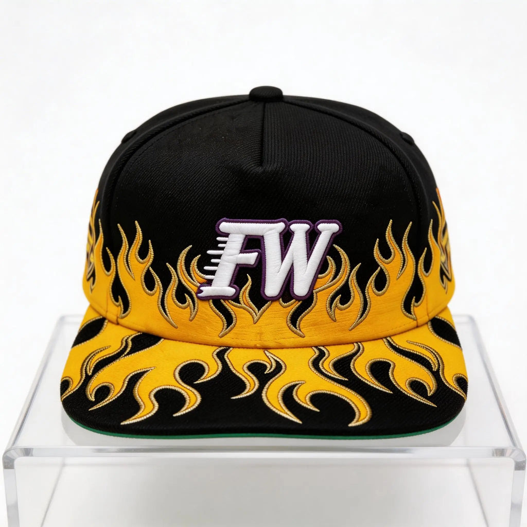 High Quality 5 Panel Snapback Hat Custom Logo Flame Embroidery Baseball Cap