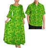 Pink Tribal Floral Matching Couple Outfit Ladies Flare Sleeve Long Dress Men Aloha Shirt Tropical Beach Vacation Matching Set