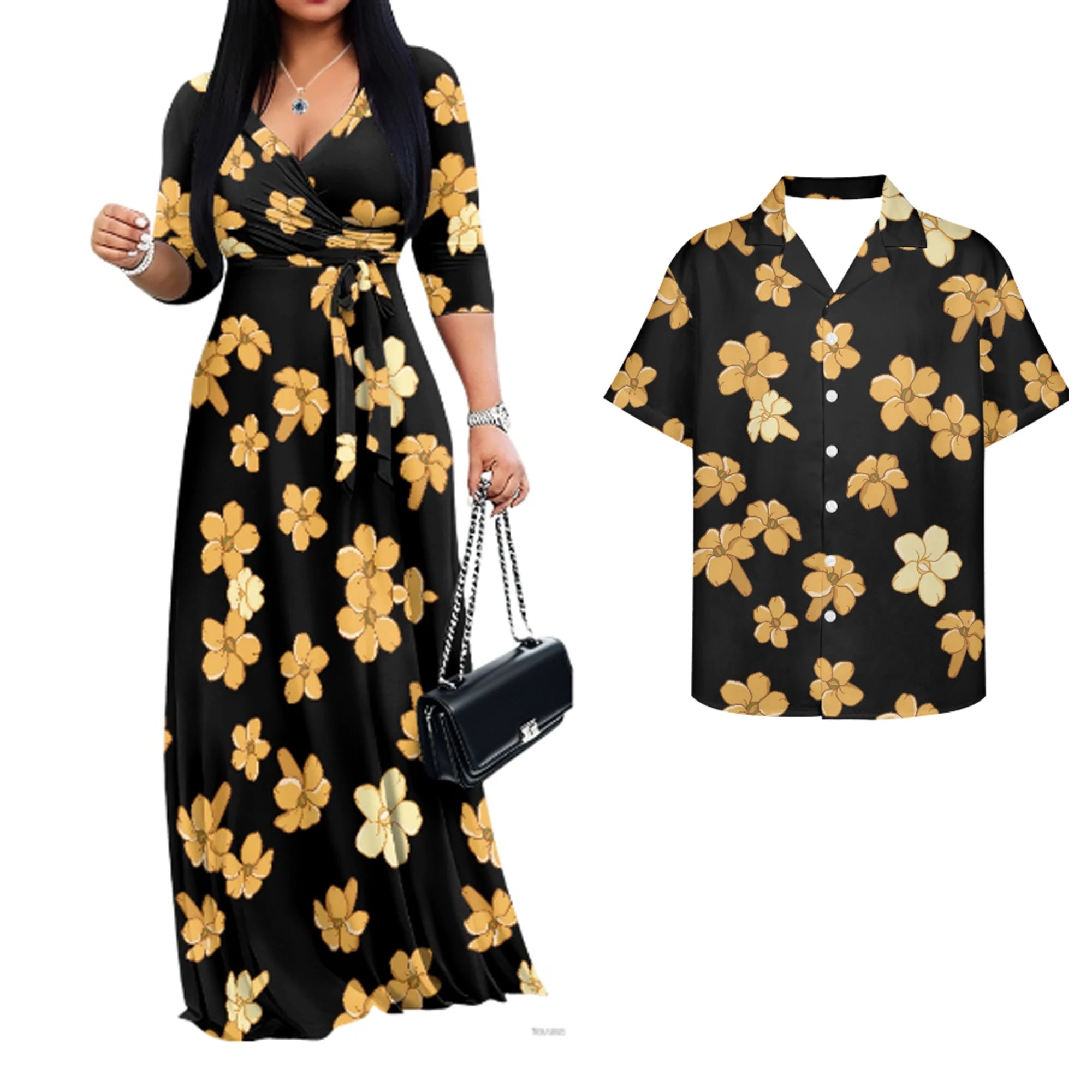 Vintage Couples Matchable Outfits His and Hers Matching Set Women Casual Long Maxi Dress with Pockets Men Hawaiian Design Shirts
