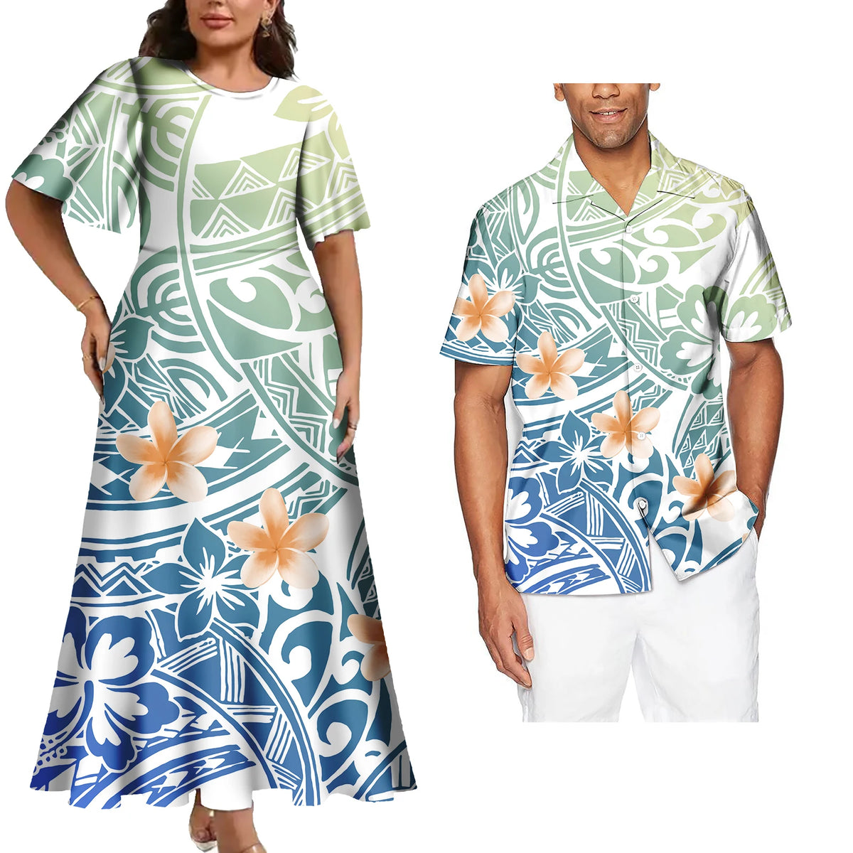 Hot Sales Polynesian Samoan Tribal Custom Design Women's Big Size Dress Match Men Shirts 2 Pcs Tattoo Sets of Couple