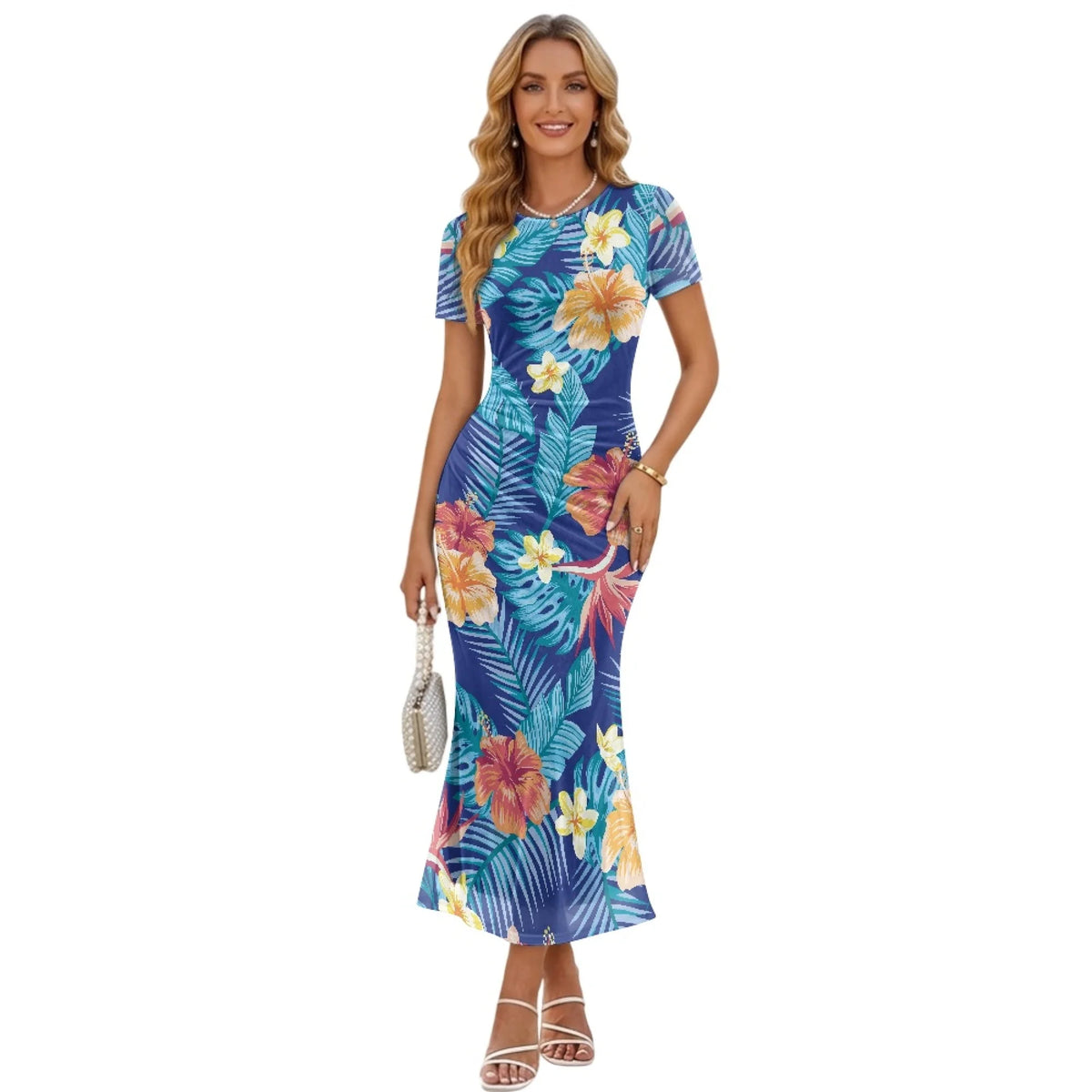 Fashion Trendy Polynesian Samoan Tattoo Tapa Design Plus Size Women Long Party Dress Round Neck Short Sleeved Elegant Slim Dress
