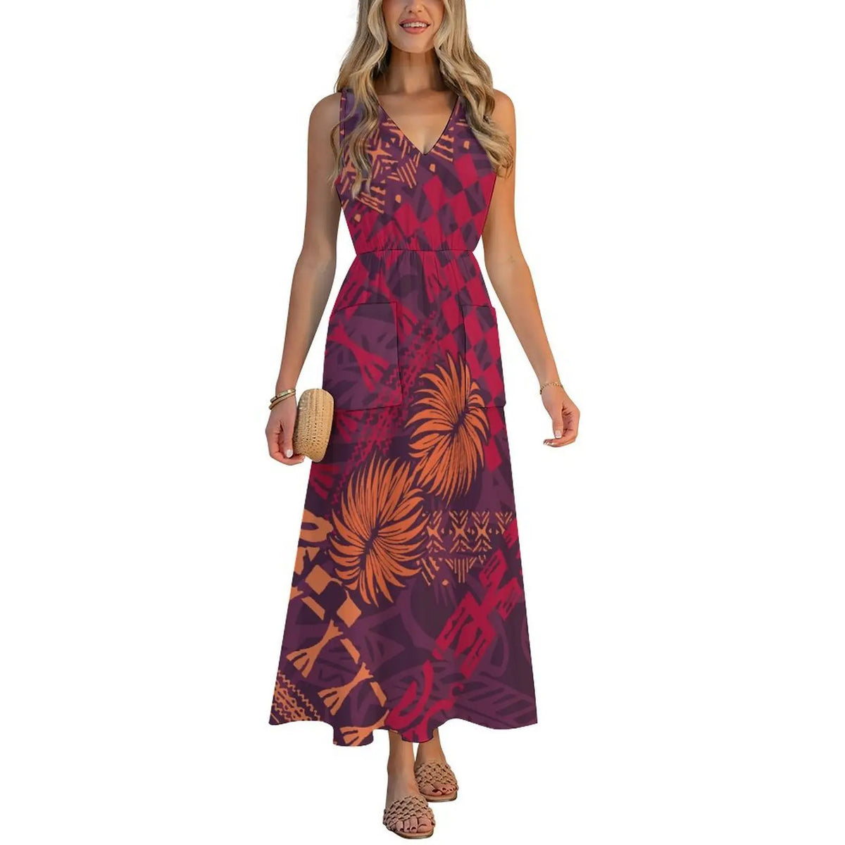 Factory Wholesale Price Custom Sleeveless Design Ladies Dresses Pacific Island Design V-neck Vest I-pocket Dress Womens Dress