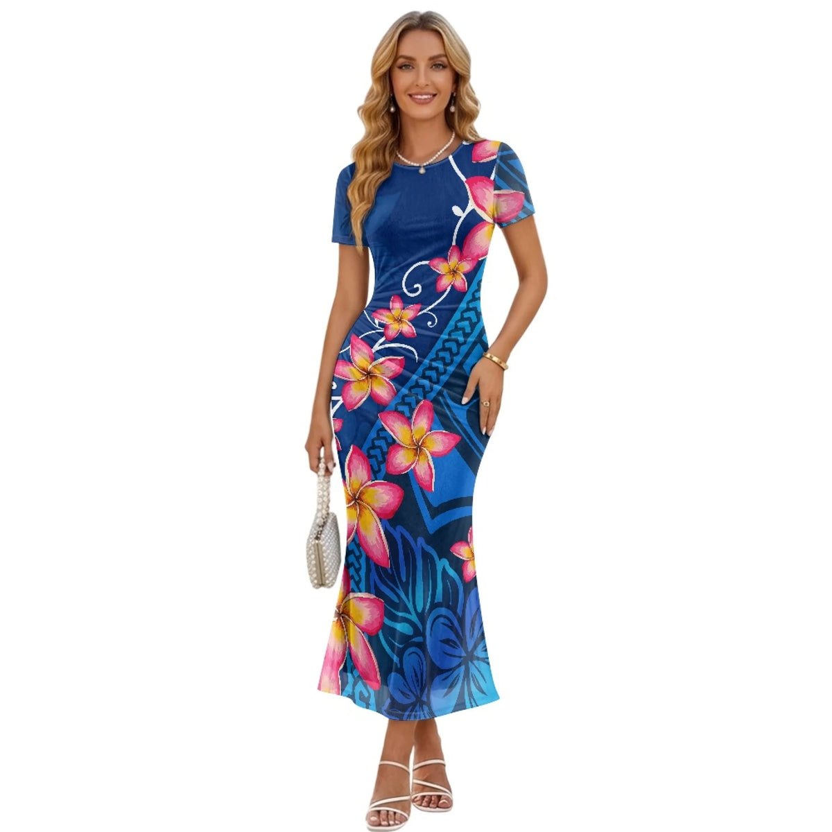 Fashion Trendy Polynesian Samoan Tattoo Tapa Design Plus Size Women Long Party Dress Round Neck Short Sleeved Elegant Slim Dress