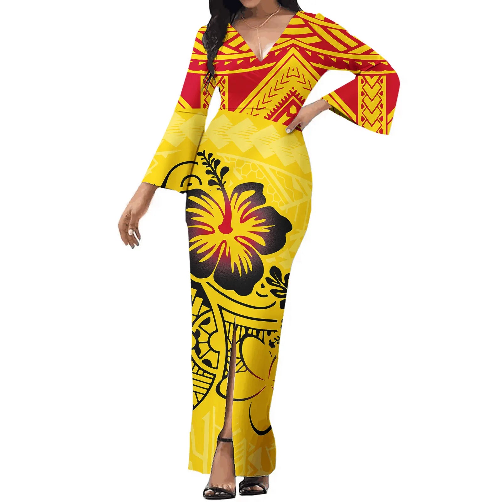 Polynesian Tribal Style Design Custom Logo Clothes Maxi Dresses Women Flare Sleeve Pacific Islander Bodycon Dress Samoan Dresses