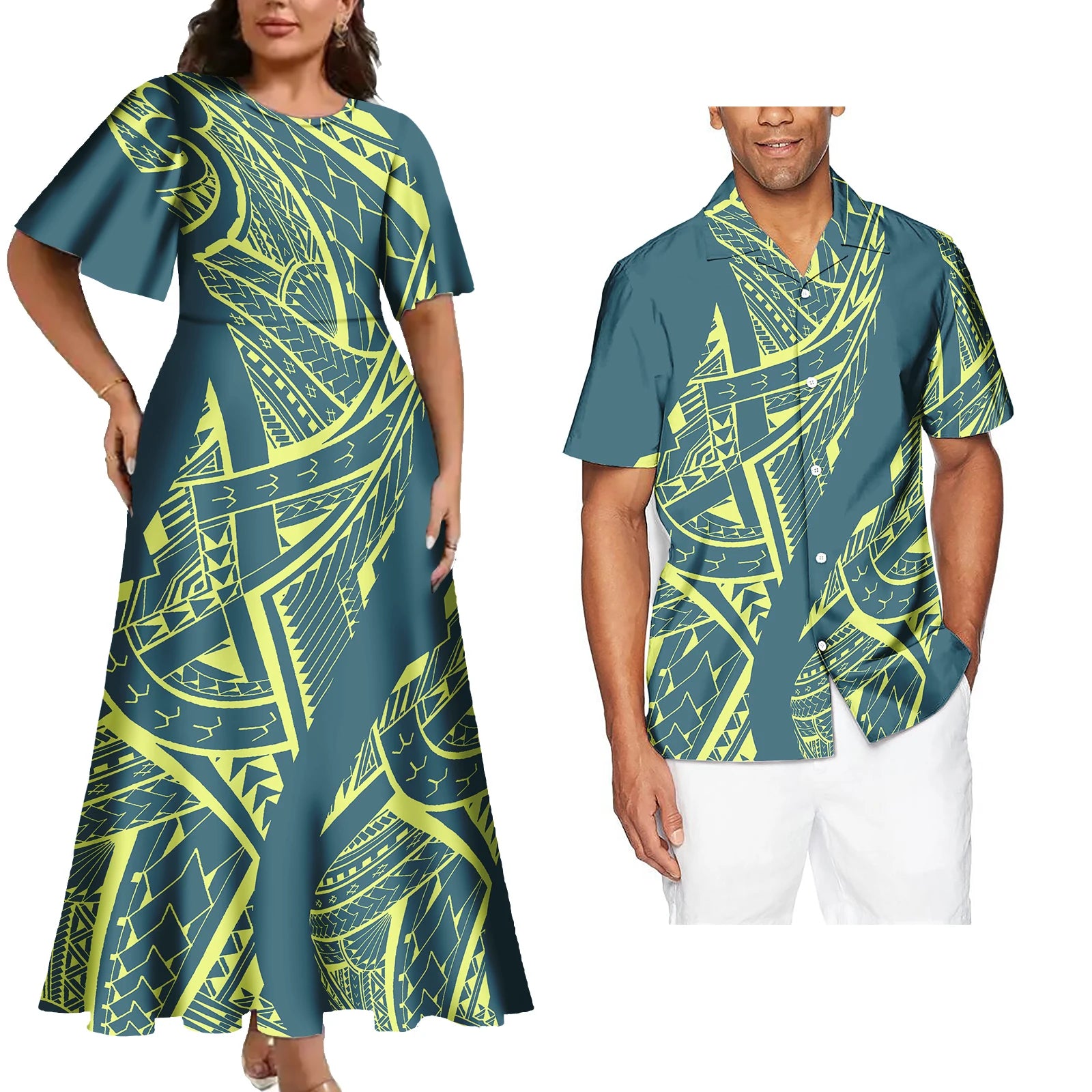 Hot Sales Polynesian Samoan Tribal Custom Design Women's Big Size Dress Match Men Shirts 2 Pcs Tattoo Sets of Couple