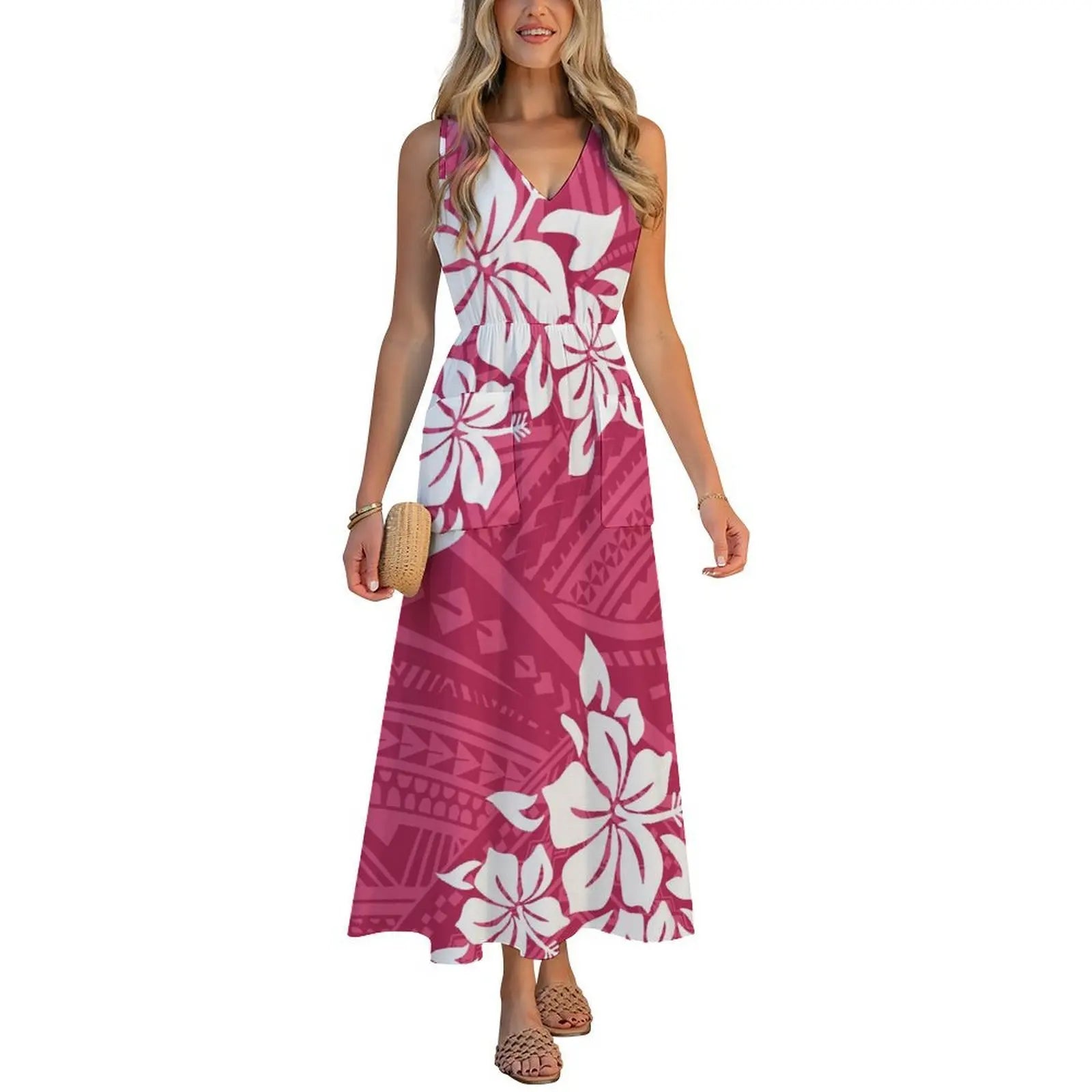 Factory Wholesale Price Custom Sleeveless Design Ladies Dresses Pacific Island Design V-neck Vest I-pocket Dress Womens Dress