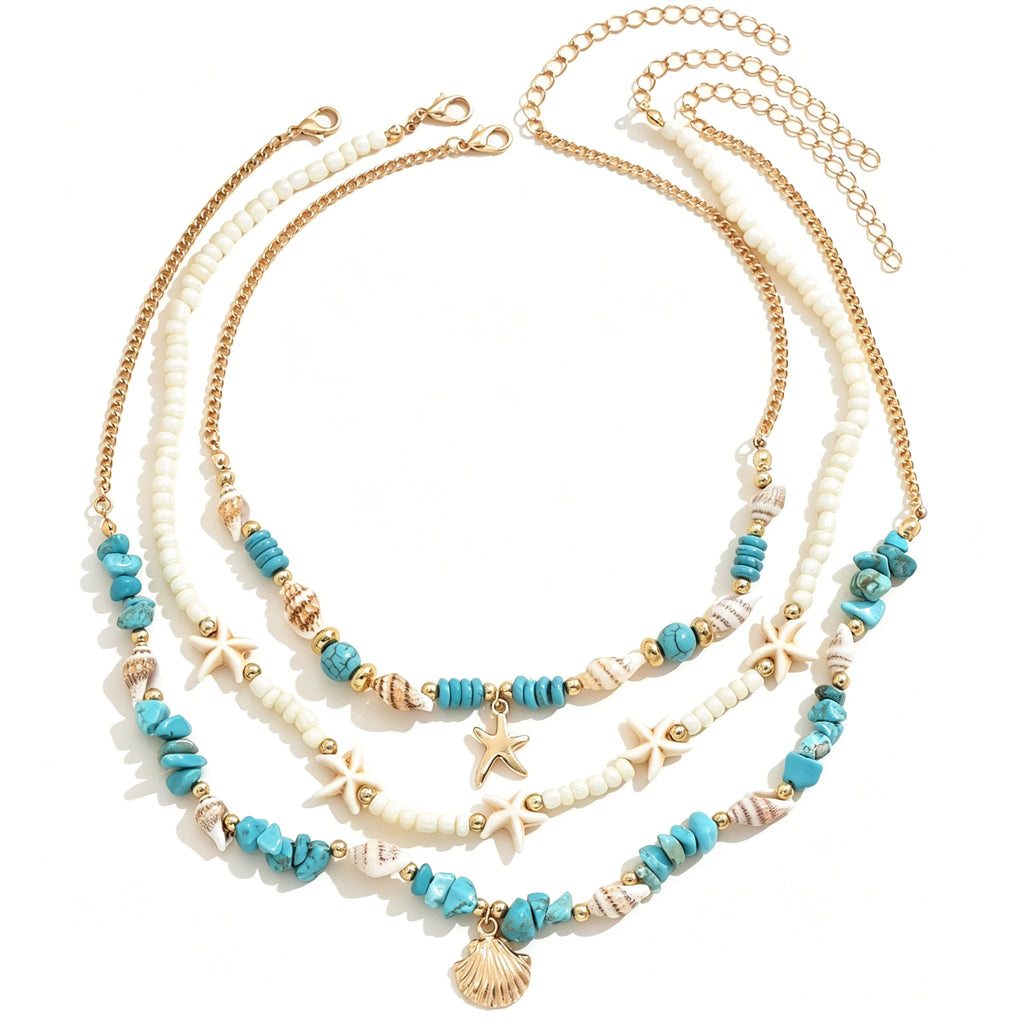 3Pcs Set Layered Turquoise Shell Starfish Necklace for Women Boho Beaded Necklaces Summer Beach Vacation Party Jewelry