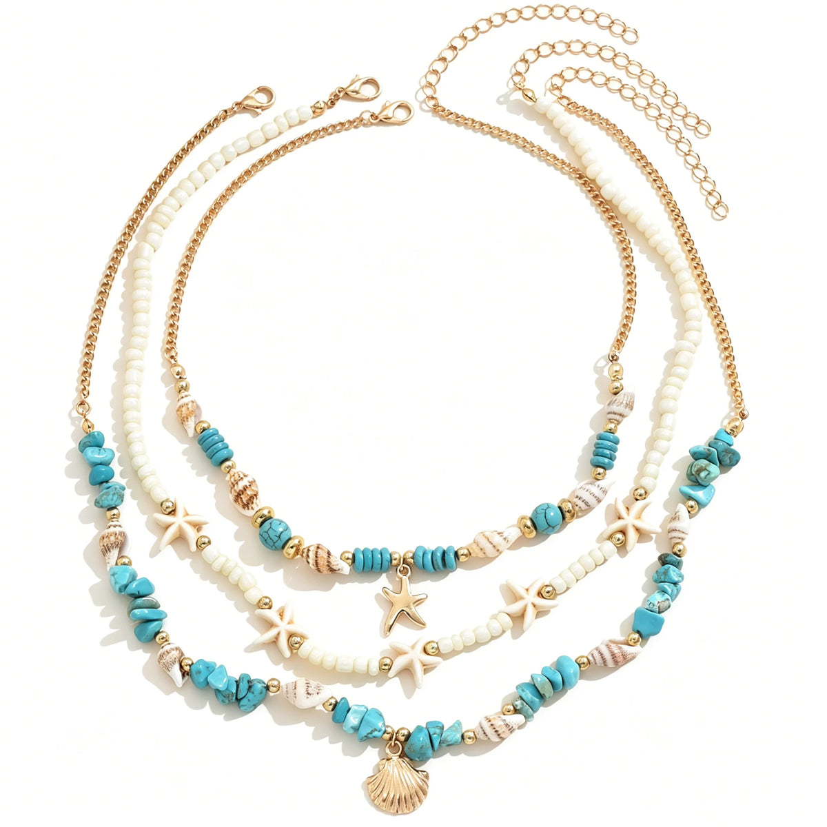 3Pcs Set Layered Turquoise Shell Starfish Necklace for Women Boho Beaded Necklaces Summer Beach Vacation Party Jewelry